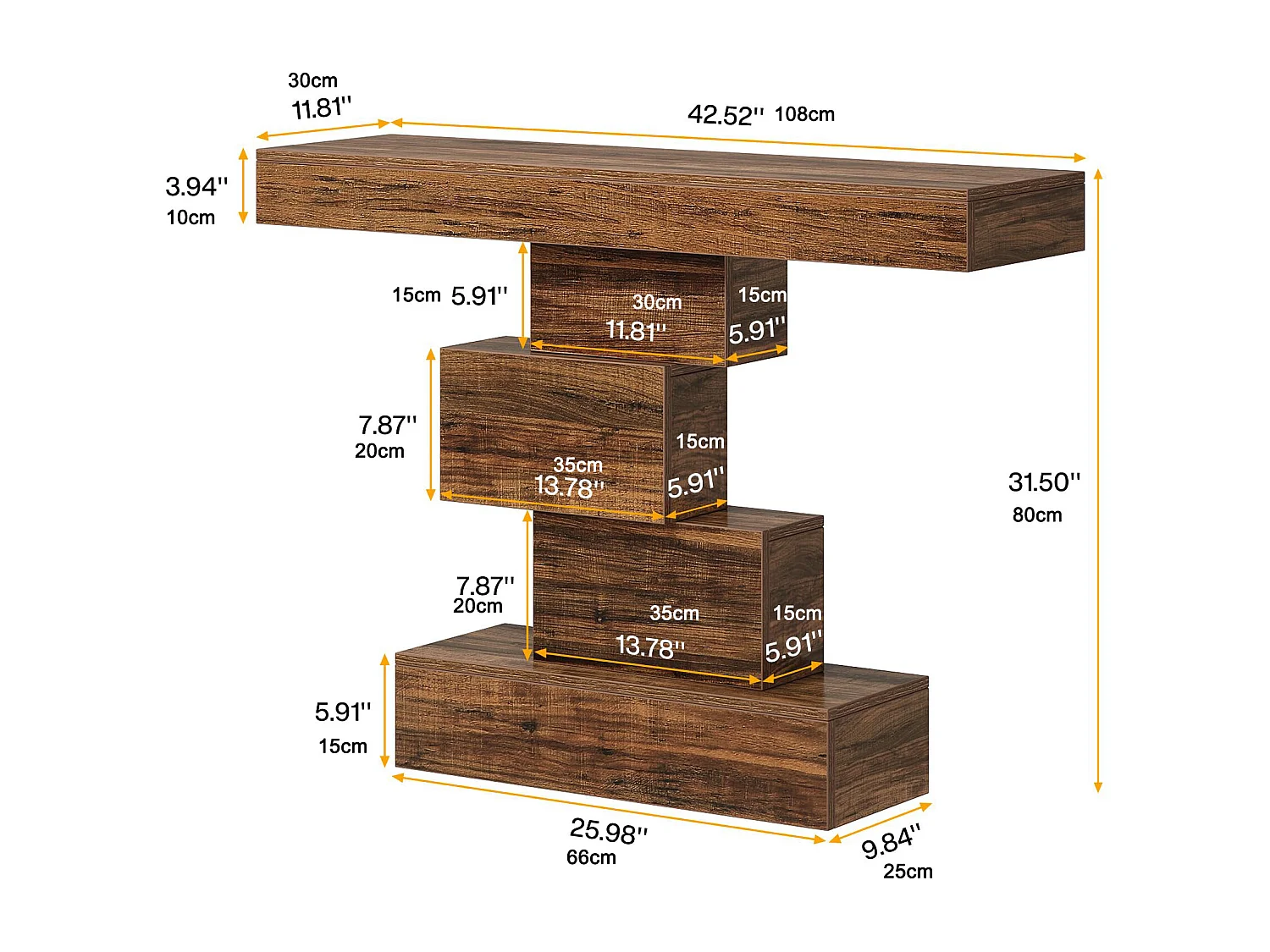 Table console en bois,Canapé mince et table d'entrée 108 x 30 x 80 cm,Organiseur de couloir étroit, marron industriel