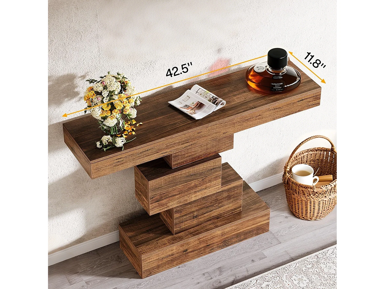 Table console en bois,Canapé mince et table d'entrée 108 x 30 x 80 cm,Organiseur de couloir étroit, marron industriel