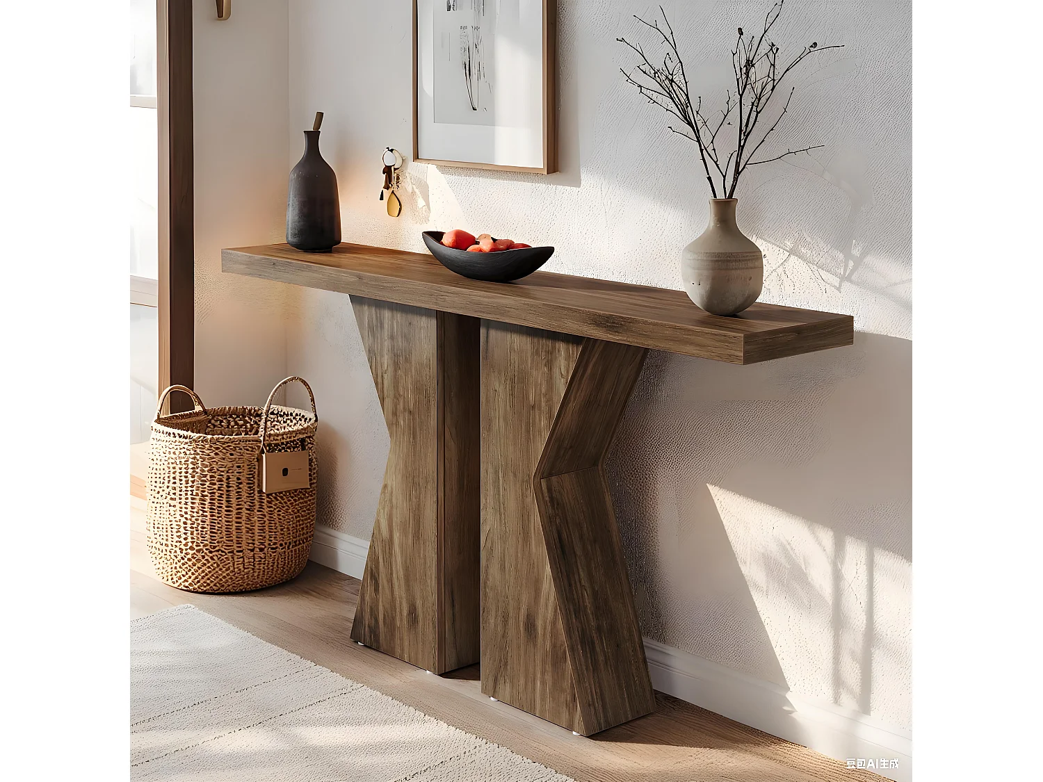 Table Console 140 cm en forme de K, table console étroite derrière le canapé, avec cadre en bois pour entrée, salon, marron rustique