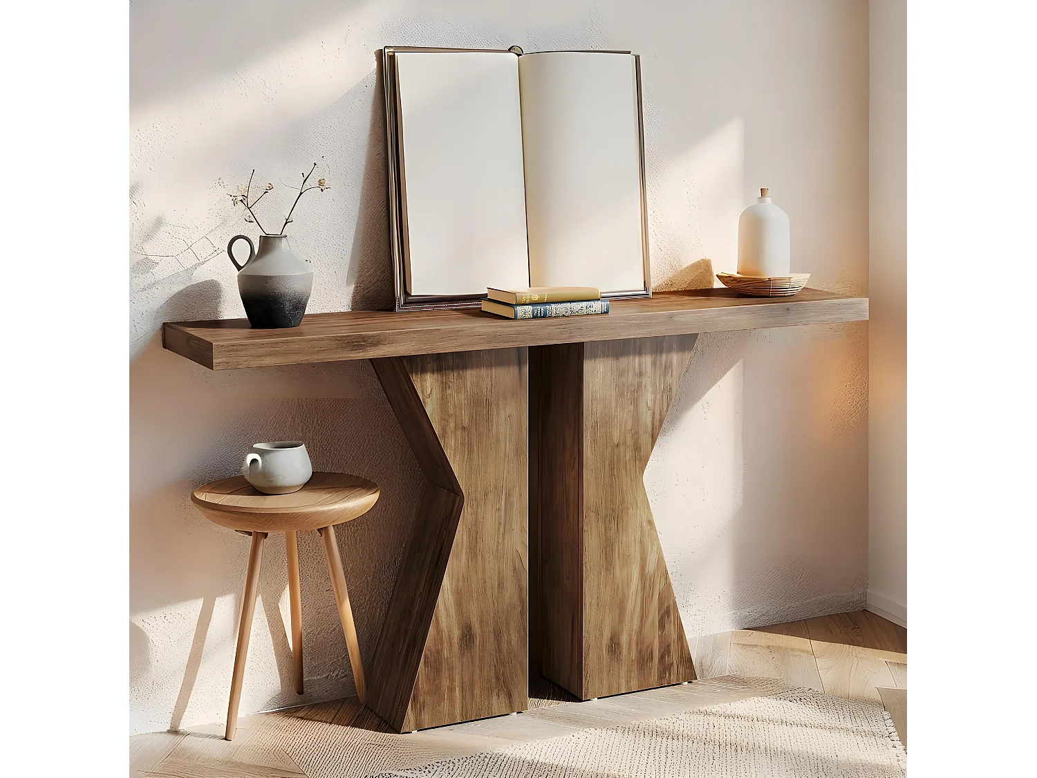 Table Console 140 cm en forme de K, table console étroite derrière le canapé, avec cadre en bois pour entrée, salon, marron rustique