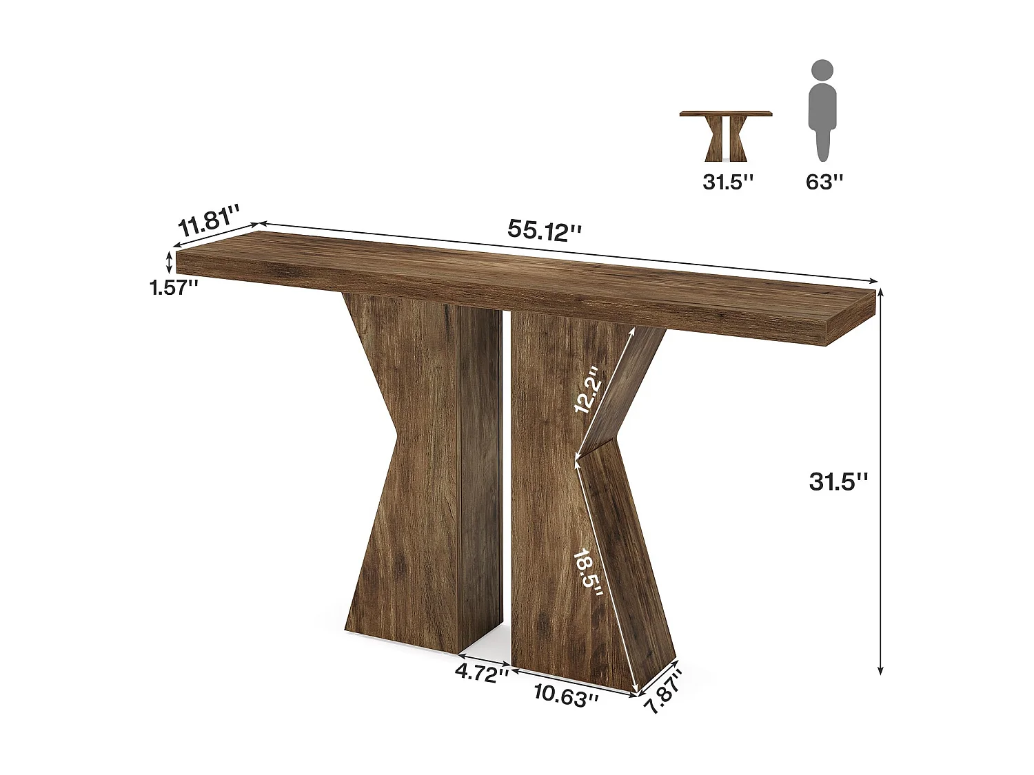 Table Console 140 cm en forme de K, table console étroite derrière le canapé, avec cadre en bois pour entrée, salon, marron rustique