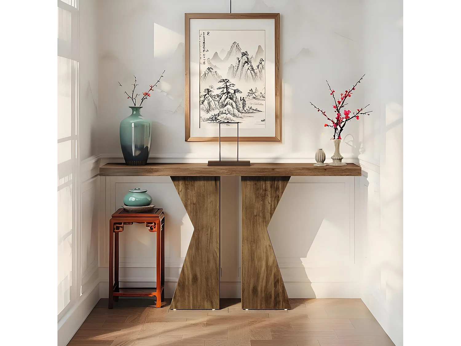 Table Console 140 cm en forme de K, table console étroite derrière le canapé, avec cadre en bois pour entrée, salon, marron rustique
