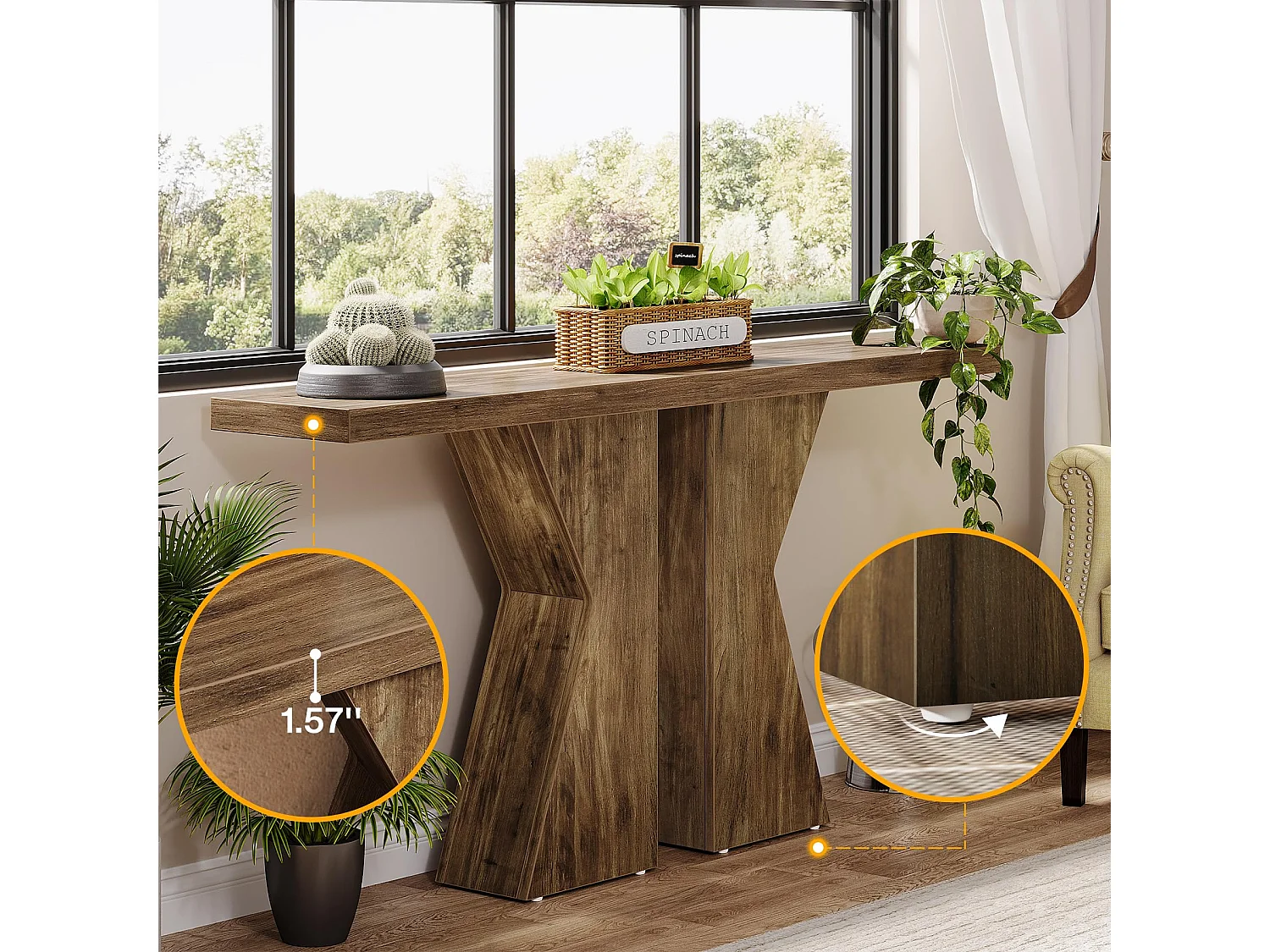 Table Console 140 cm en forme de K, table console étroite derrière le canapé, avec cadre en bois pour entrée, salon, marron rustique