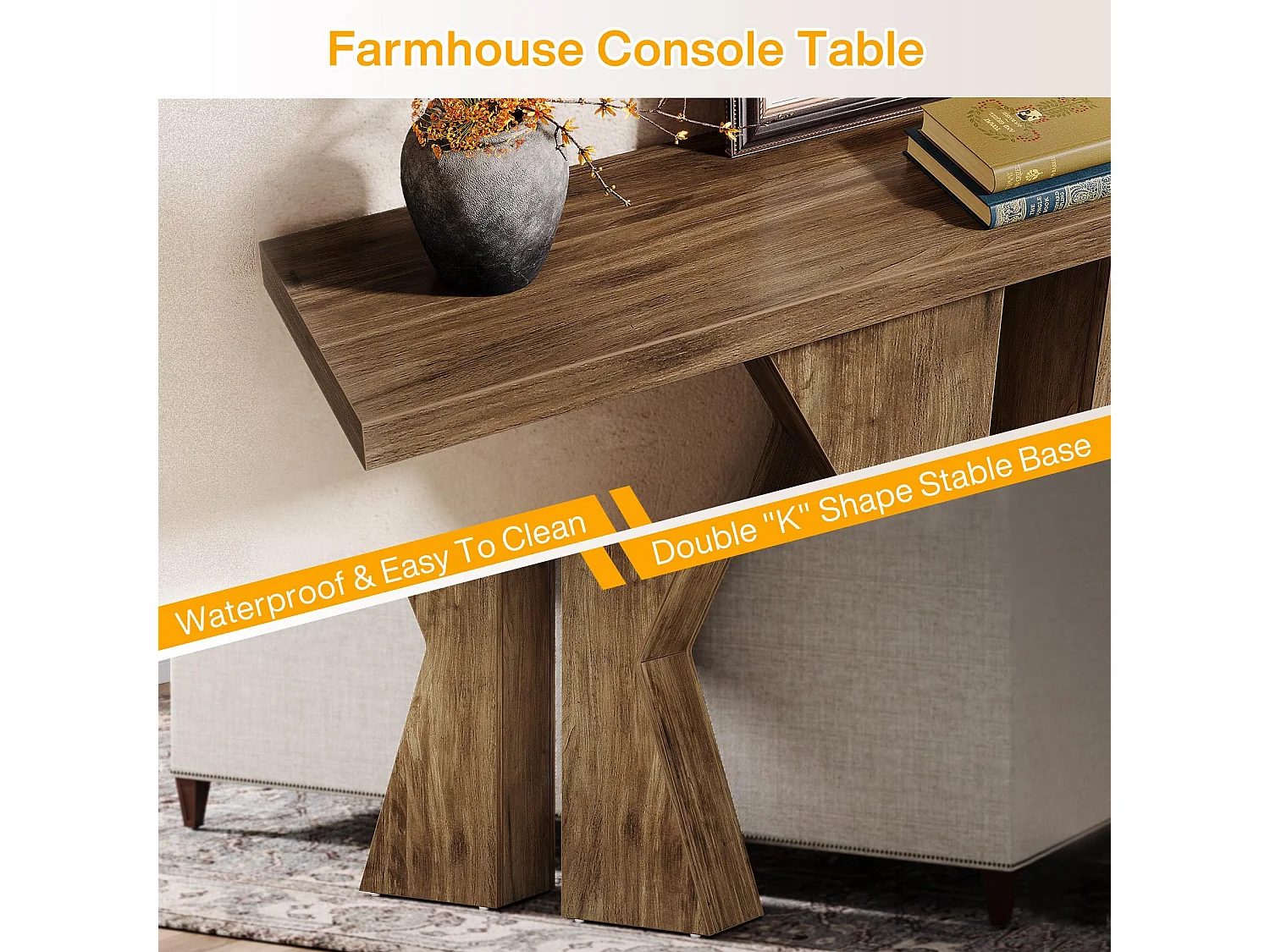Table Console 140 cm en forme de K, table console étroite derrière le canapé, avec cadre en bois pour entrée, salon, marron rustique