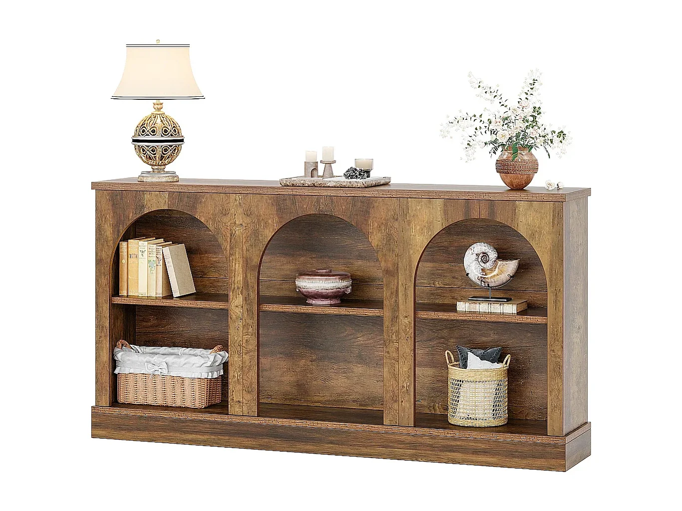 Table console 160 cm de long avec 3 niveaux de rangement, rectangulaire, pour couloir, salon, style rustique, marron