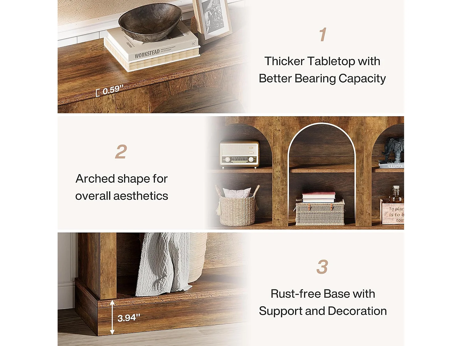 Table console 160 cm de long avec 3 niveaux de rangement, rectangulaire, pour couloir, salon, style rustique, marron