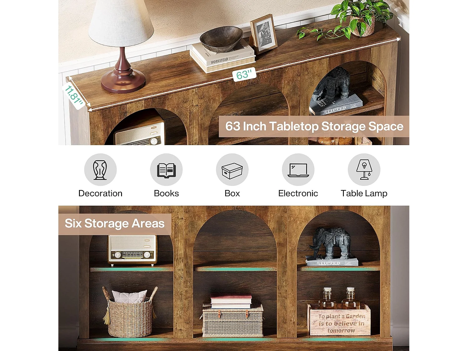 Table console 160 cm de long avec 3 niveaux de rangement, rectangulaire, pour couloir, salon, style rustique, marron