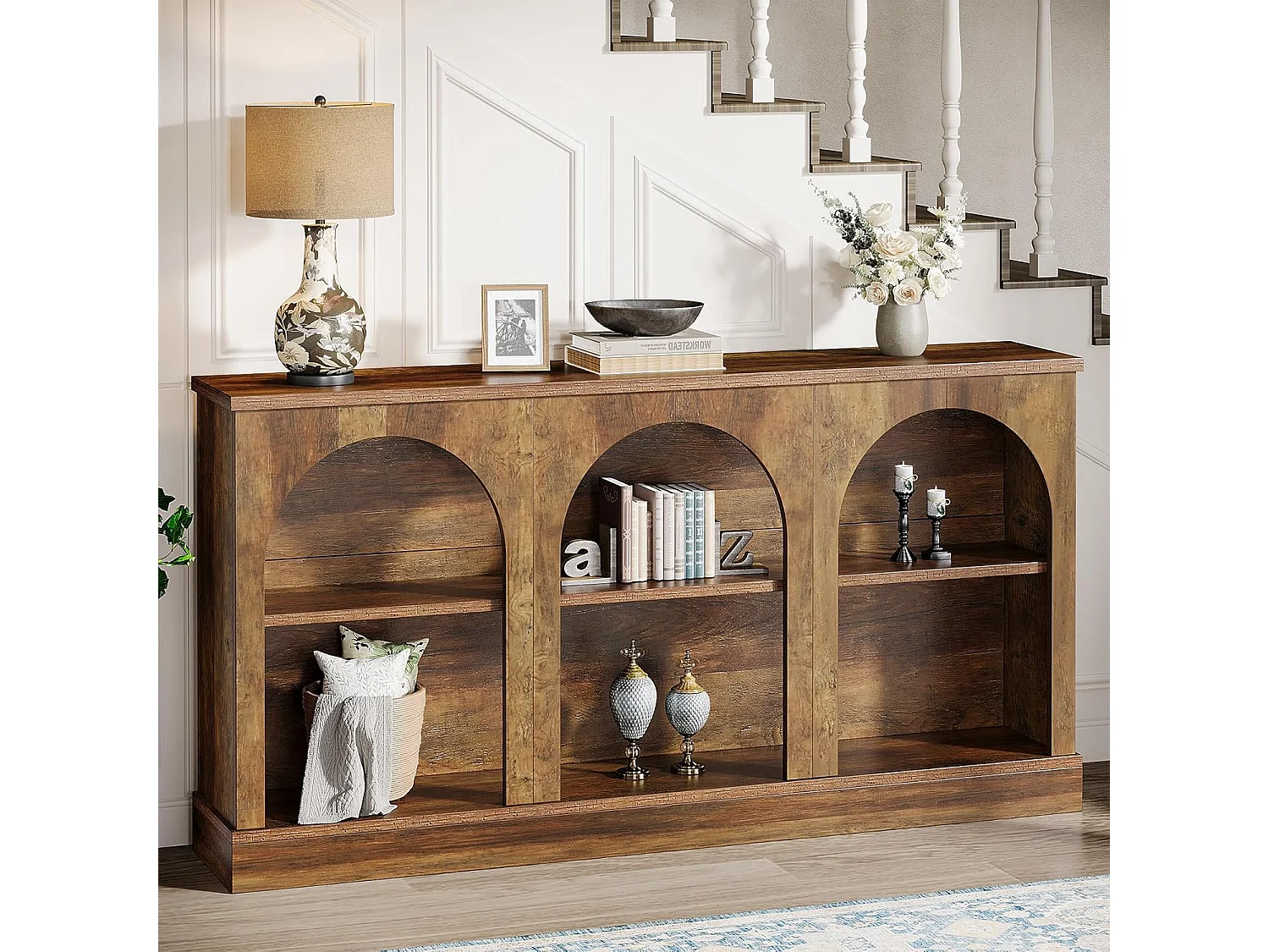 Table console 160 cm de long avec 3 niveaux de rangement, rectangulaire, pour couloir, salon, style rustique, marron