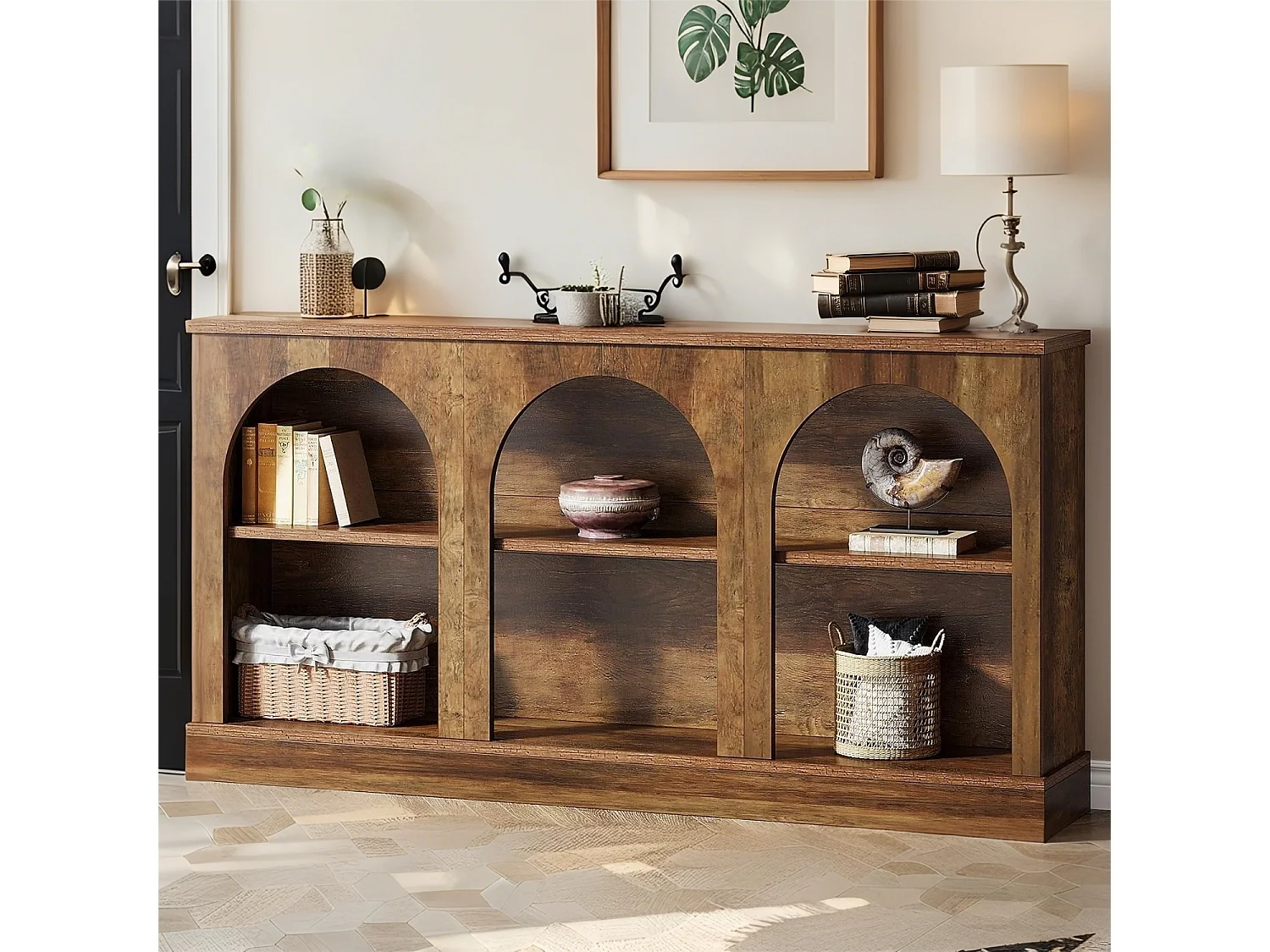 Table console 160 cm de long avec 3 niveaux de rangement, rectangulaire, pour couloir, salon, style rustique, marron