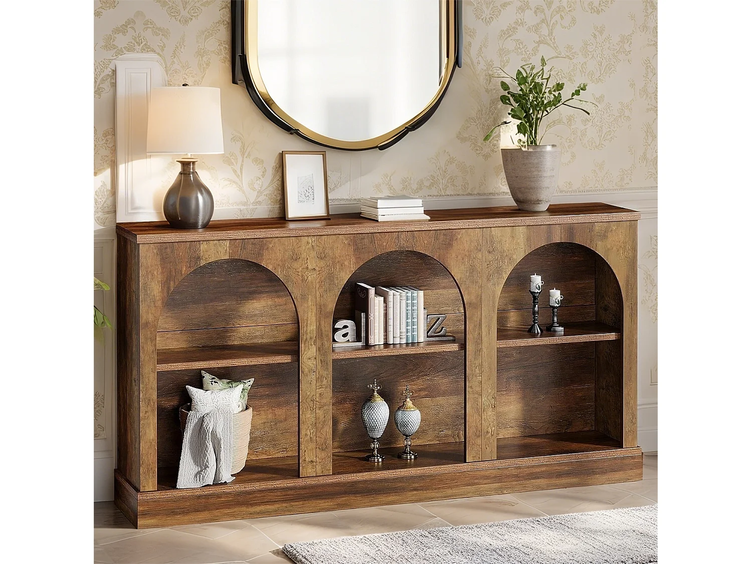 Table console 160 cm de long avec 3 niveaux de rangement, rectangulaire, pour couloir, salon, style rustique, marron