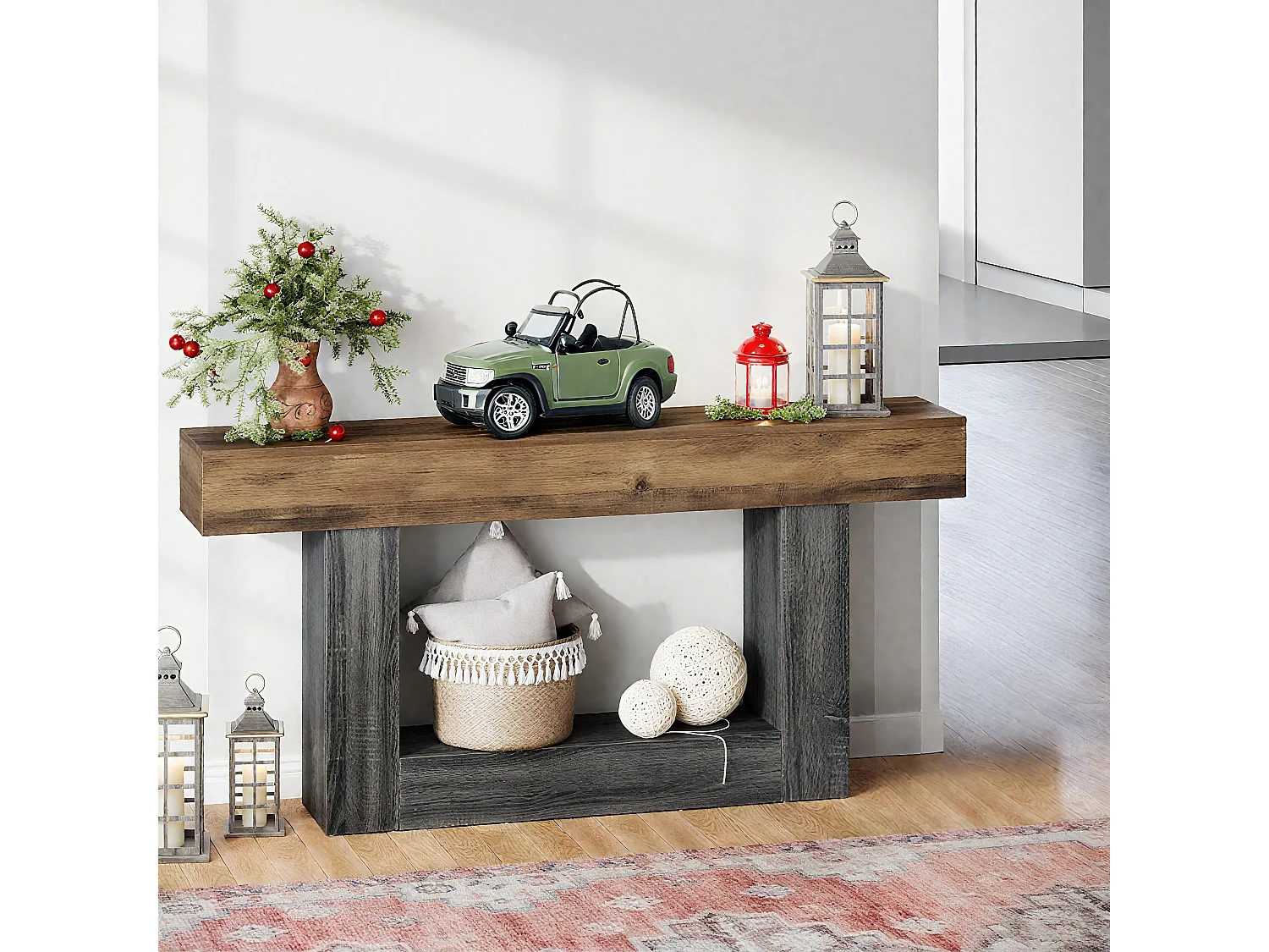 Table Console, 160 cm Table d'entrée, 2 Niveaux Table de canapé en Bois de Ferme avec Rangement pour Entrée, Chambre, Salon, Couloir, Marron Rustique