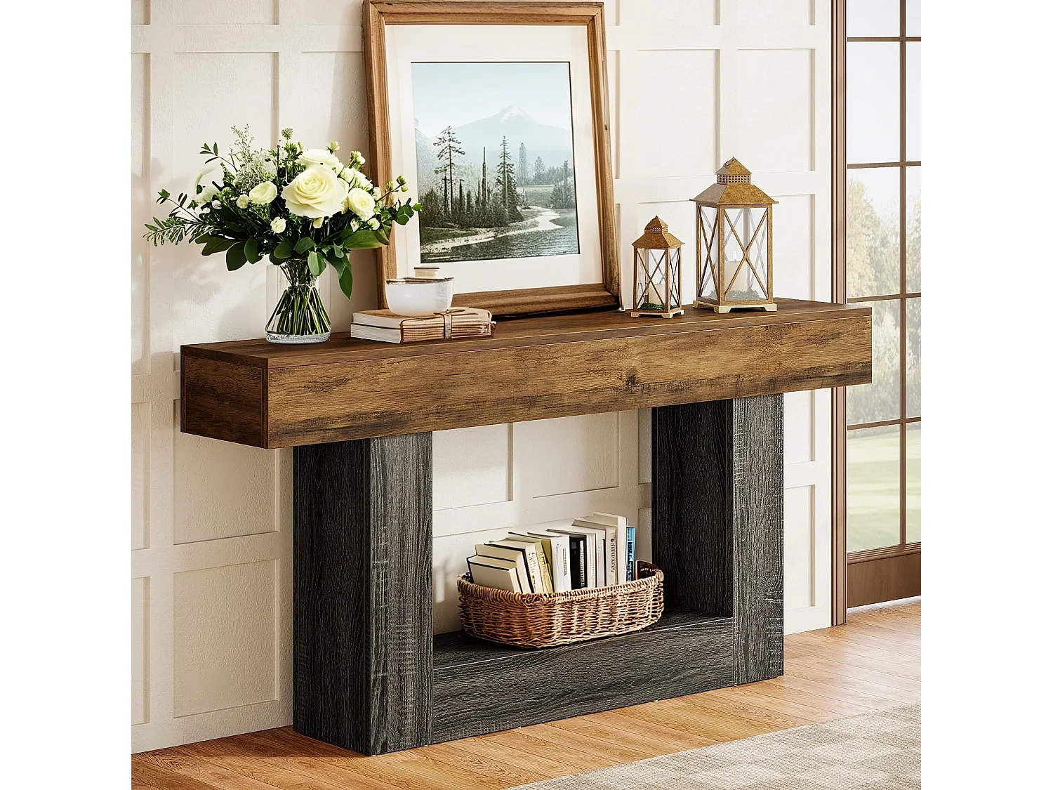 Table Console, 160 cm Table d'entrée, 2 Niveaux Table de canapé en Bois de Ferme avec Rangement pour Entrée, Chambre, Salon, Couloir, Marron Rustique