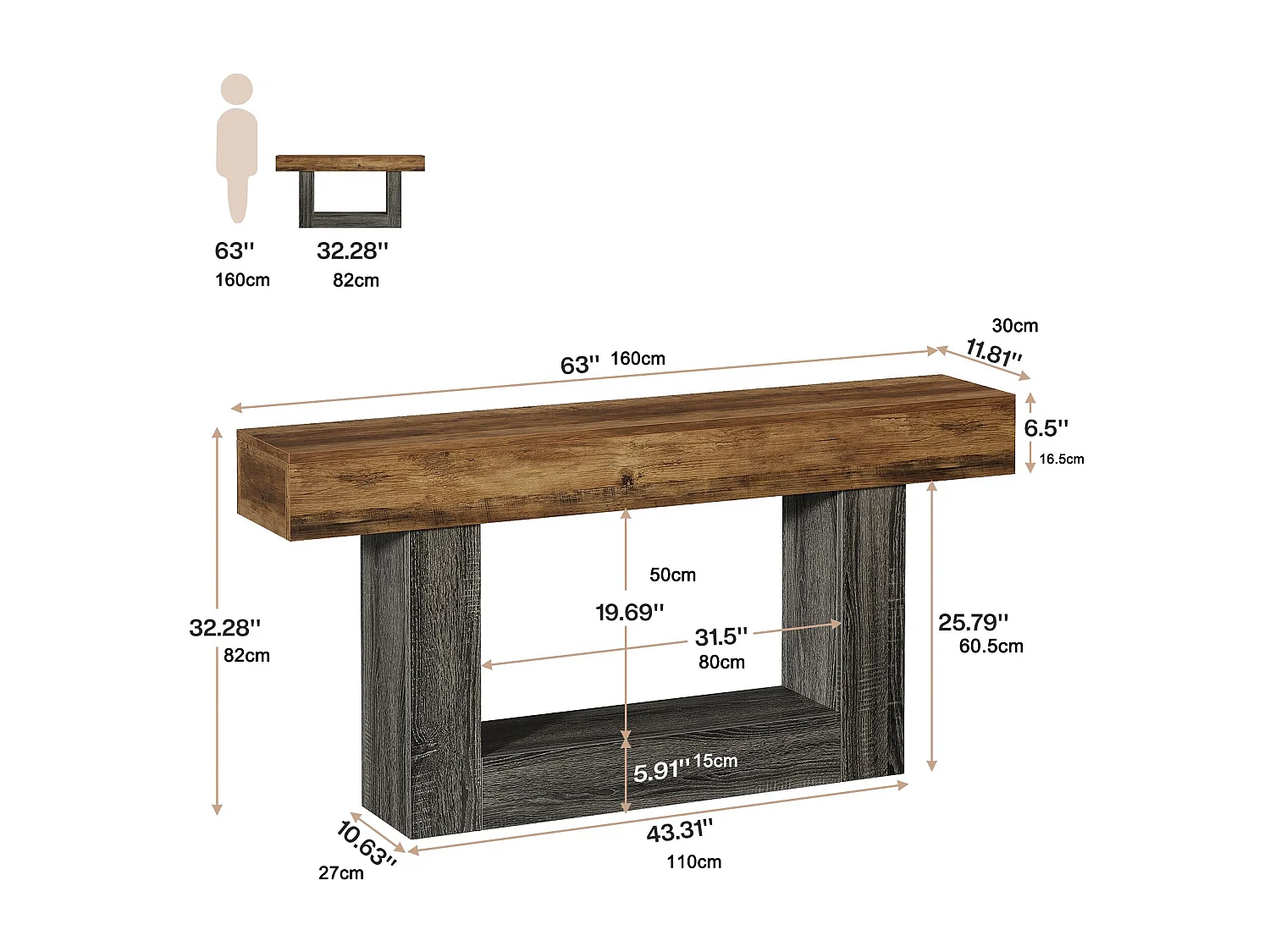 Table Console, 160 cm Table d'entrée, 2 Niveaux Table de canapé en Bois de Ferme avec Rangement pour Entrée, Chambre, Salon, Couloir, Marron Rustique