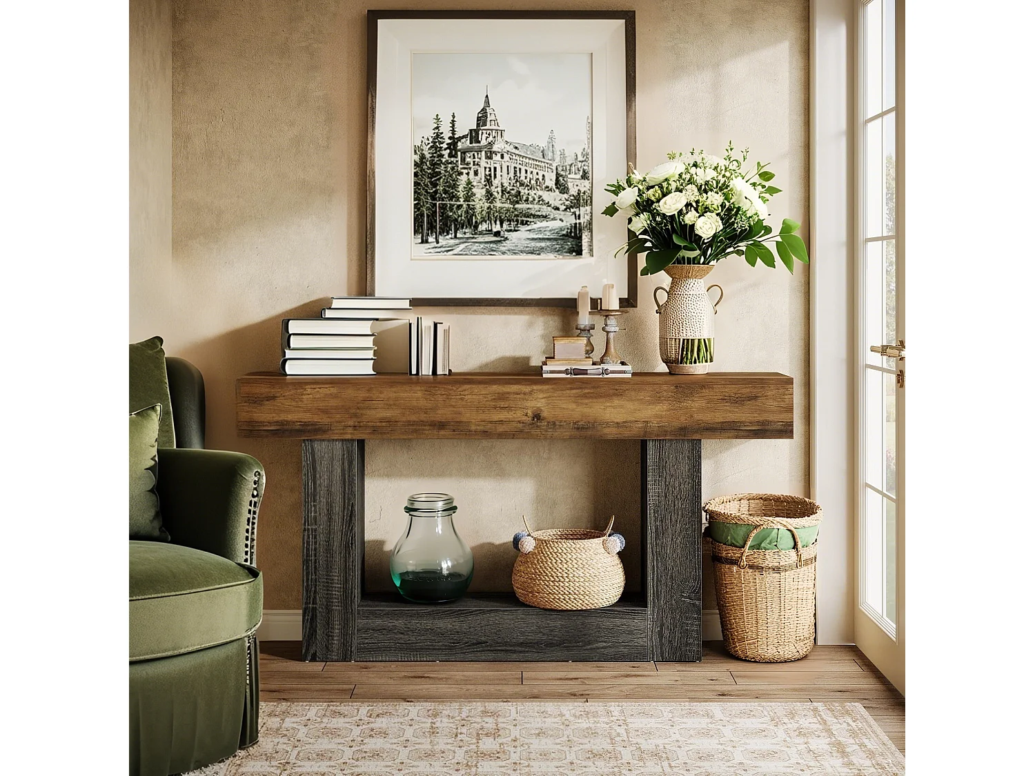 Table Console, 160 cm Table d'entrée, 2 Niveaux Table de canapé en Bois de Ferme avec Rangement pour Entrée, Chambre, Salon, Couloir, Marron Rustique