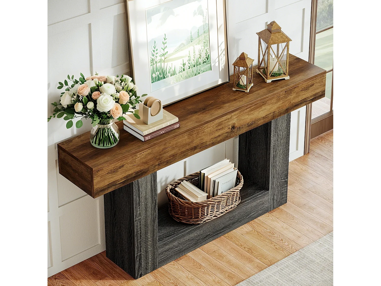 Table Console, 160 cm Table d'entrée, 2 Niveaux Table de canapé en Bois de Ferme avec Rangement pour Entrée, Chambre, Salon, Couloir, Marron Rustique