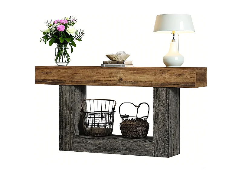 Table Console, 160 cm Table d'entrée, 2 Niveaux Table de canapé en Bois de Ferme avec Rangement pour Entrée, Chambre, Salon, Couloir, Marron Rustique