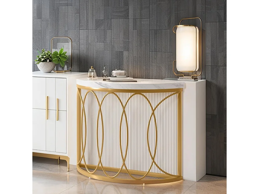 Table console dorée  avec en marbre artificie, cadre en métal et design demi-lune, table d'appoint fine pour salon, couloir, entrée,chambre