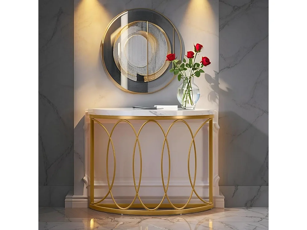 Table console dorée  avec en marbre artificie, cadre en métal et design demi-lune, table d'appoint fine pour salon, couloir, entrée,chambre