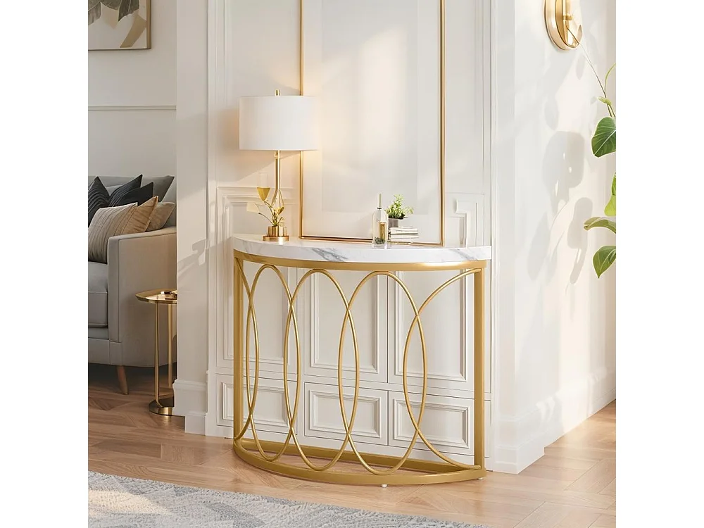 Table console dorée  avec en marbre artificie, cadre en métal et design demi-lune, table d'appoint fine pour salon, couloir, entrée,chambre