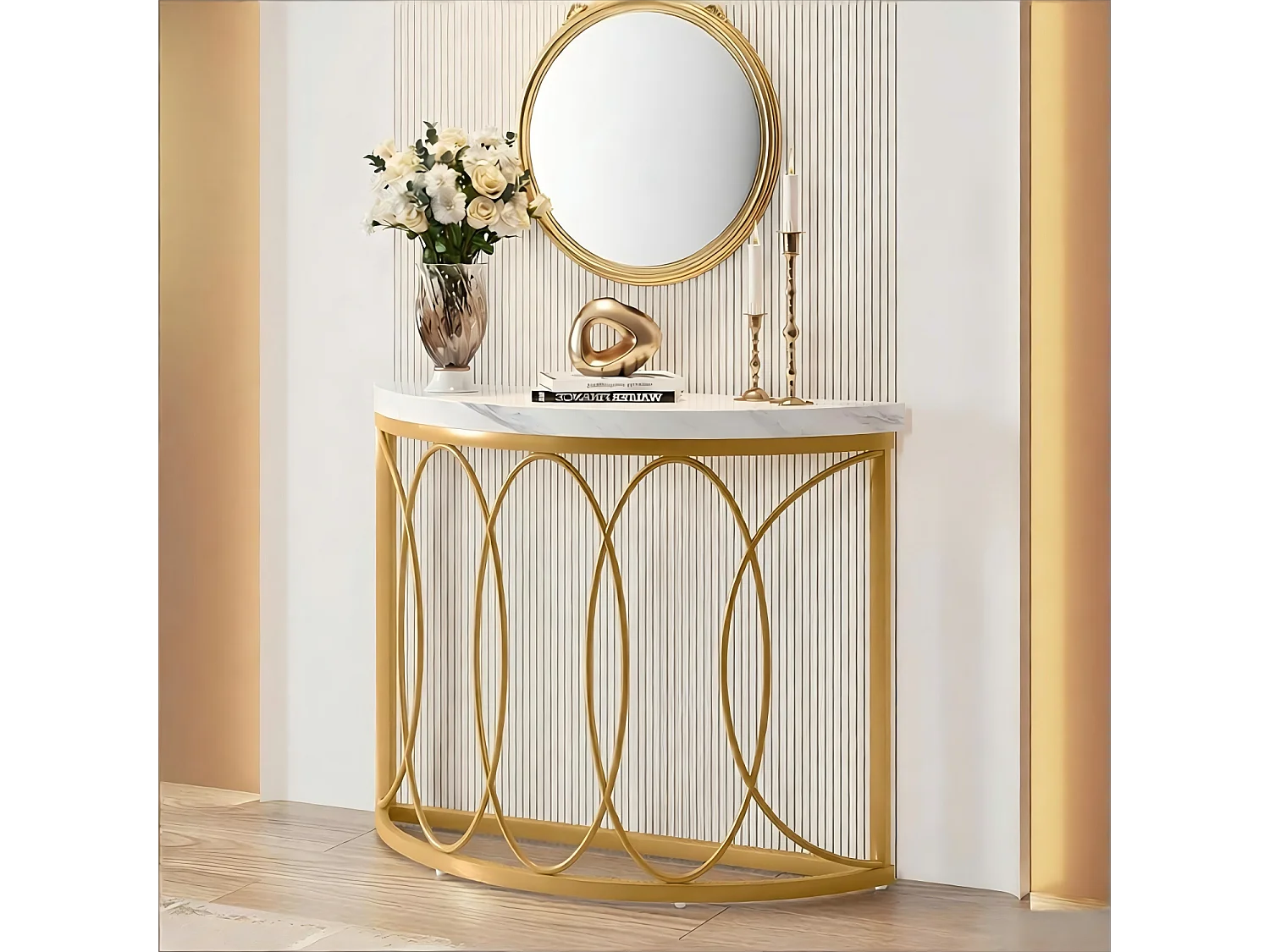 Table console dorée  avec en marbre artificie, cadre en métal et design demi-lune, table d'appoint fine pour salon, couloir, entrée,chambre