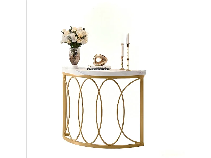 Table console dorée  avec en marbre artificie, cadre en métal et design demi-lune, table d'appoint fine pour salon, couloir, entrée,chambre