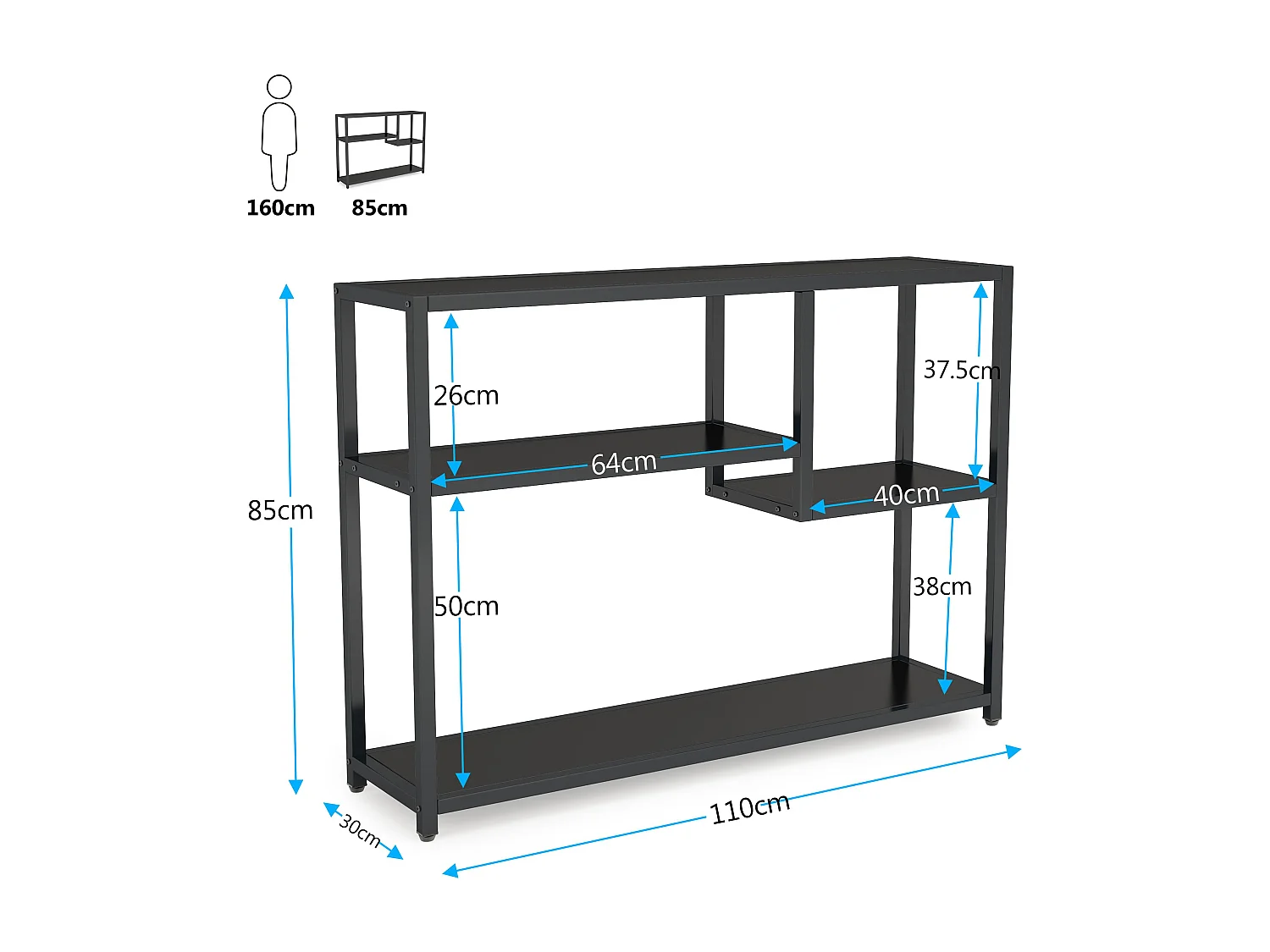 Petite Table d'entrée Noire avec Compartiments de Rangement, 108 cm,pour entrée,salon, polyvalent, Autoportant