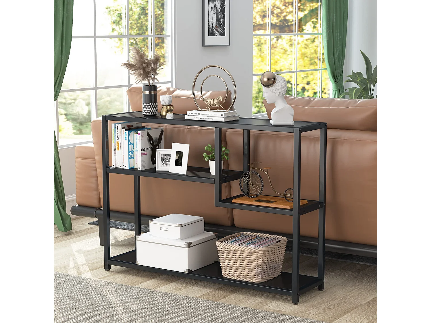 Petite Table d'entrée Noire avec Compartiments de Rangement, 108 cm,pour entrée,salon, polyvalent, Autoportant