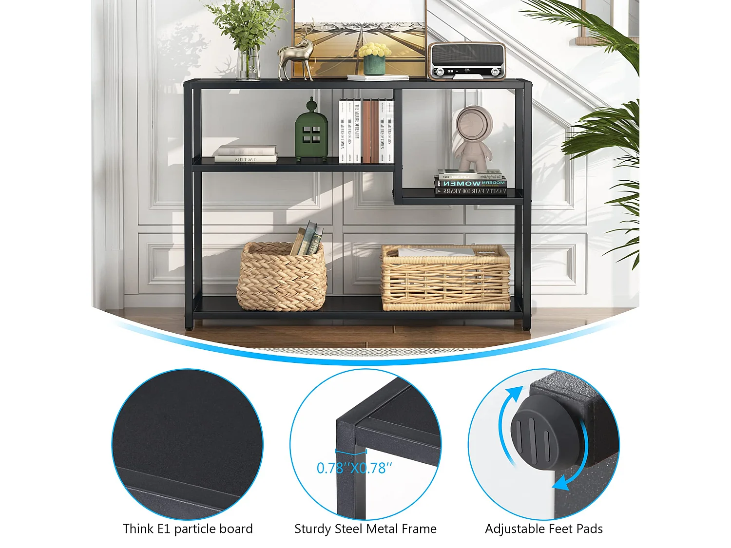 Petite Table d'entrée Noire avec Compartiments de Rangement, 108 cm,pour entrée,salon, polyvalent, Autoportant