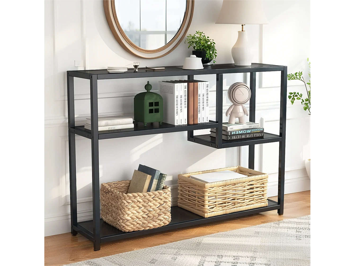 Petite Table d'entrée Noire avec Compartiments de Rangement, 108 cm,pour entrée,salon, polyvalent, Autoportant