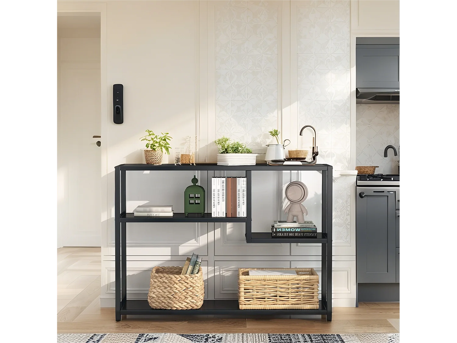 Petite Table d'entrée Noire avec Compartiments de Rangement, 108 cm,pour entrée,salon, polyvalent, Autoportant