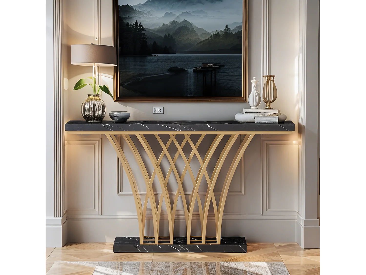 Table Console dorée ,150 x 29,5 x 80 cm ,Moderne,avec Pied en métal en Forme de Grille, pour entrée, Couloir, entrée, Salon (Noir)