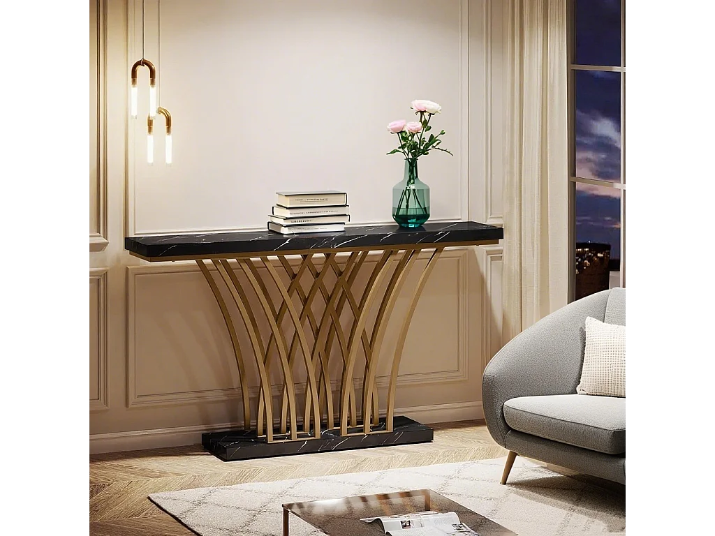 Table Console dorée ,150 x 29,5 x 80 cm ,Moderne,avec Pied en métal en Forme de Grille, pour entrée, Couloir, entrée, Salon (Noir)