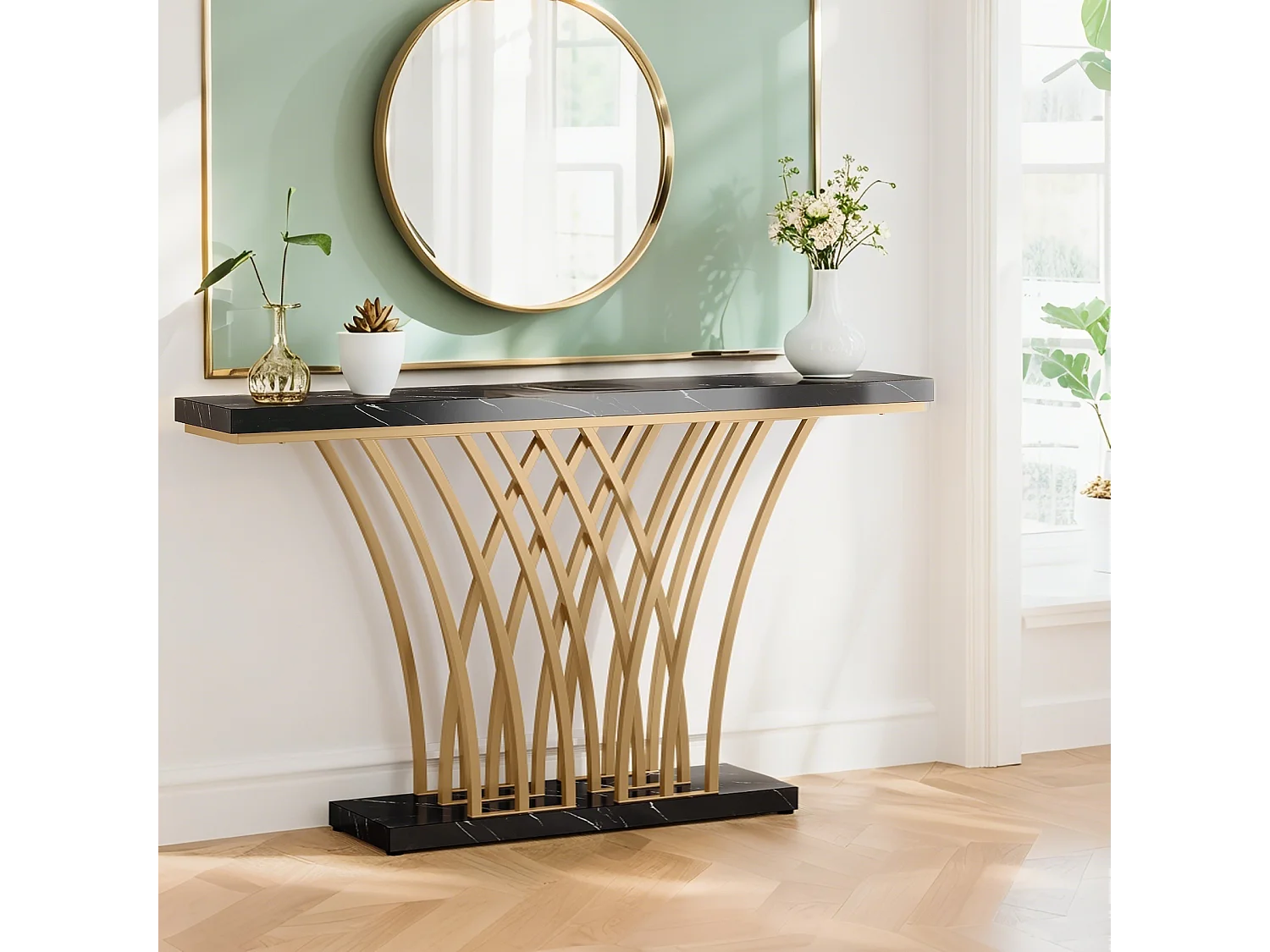Table Console dorée ,150 x 29,5 x 80 cm ,Moderne,avec Pied en métal en Forme de Grille, pour entrée, Couloir, entrée, Salon (Noir)