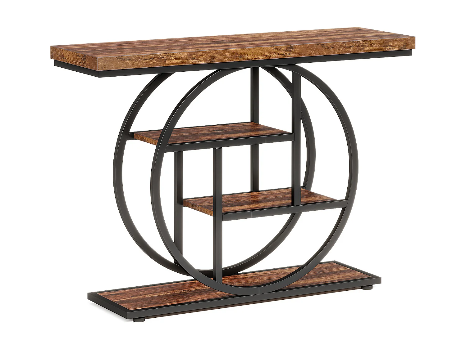 Table Console Industrielle à 4 Niveaux avec Base Circulaire - Table d'Appoint Étroite en Bois avec Étagères pour Salon