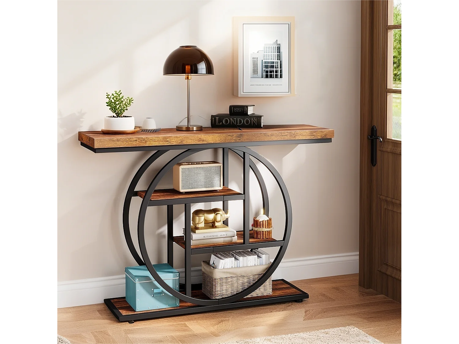 Table Console Industrielle à 4 Niveaux avec Base Circulaire - Table d'Appoint Étroite en Bois avec Étagères pour Salon
