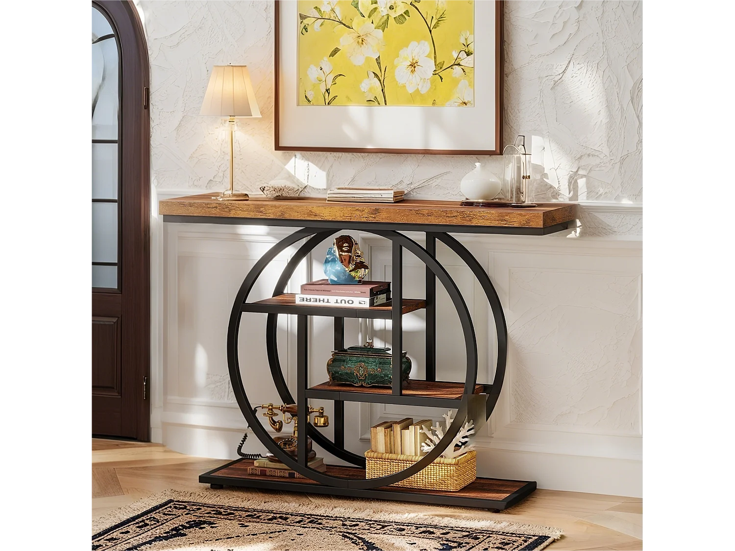 Table Console Industrielle à 4 Niveaux avec Base Circulaire - Table d'Appoint Étroite en Bois avec Étagères pour Salon