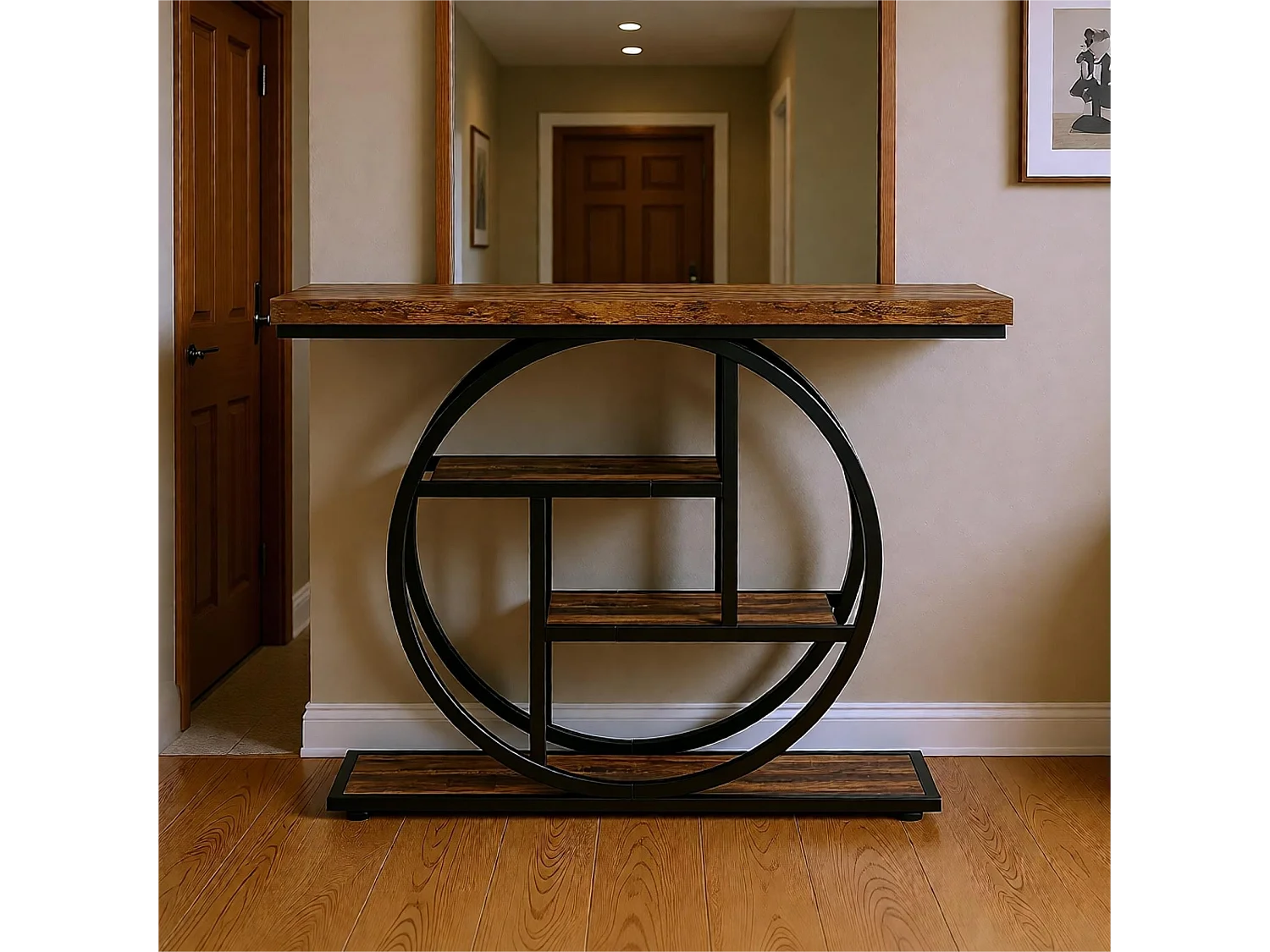 Table Console Industrielle à 4 Niveaux avec Base Circulaire - Table d'Appoint Étroite en Bois avec Étagères pour Salon