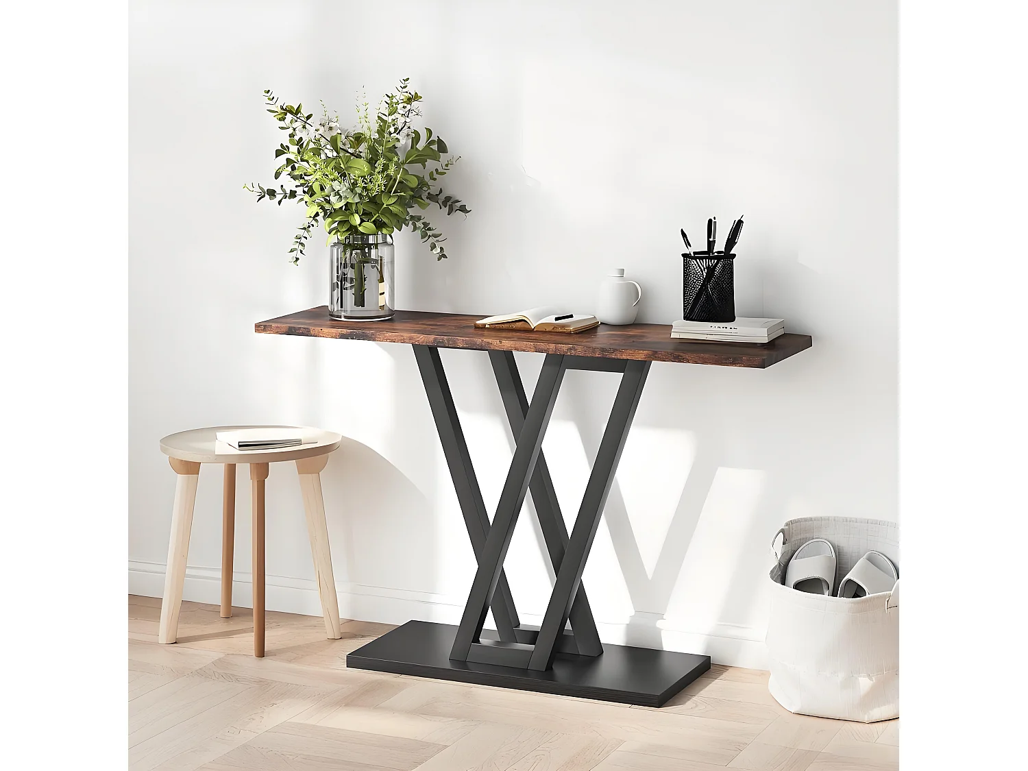 Console Meuble 110cm, Table d’entrée Industrielle, Table de canapé étroite pour Salon, Marron Rustique