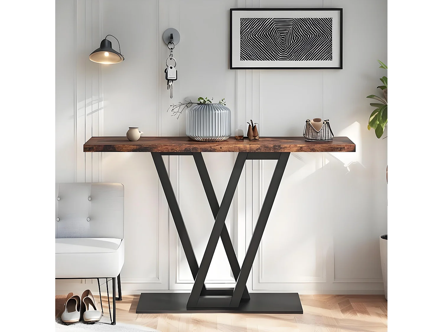 Console Meuble 110cm, Table d’entrée Industrielle, Table de canapé étroite pour Salon, Marron Rustique