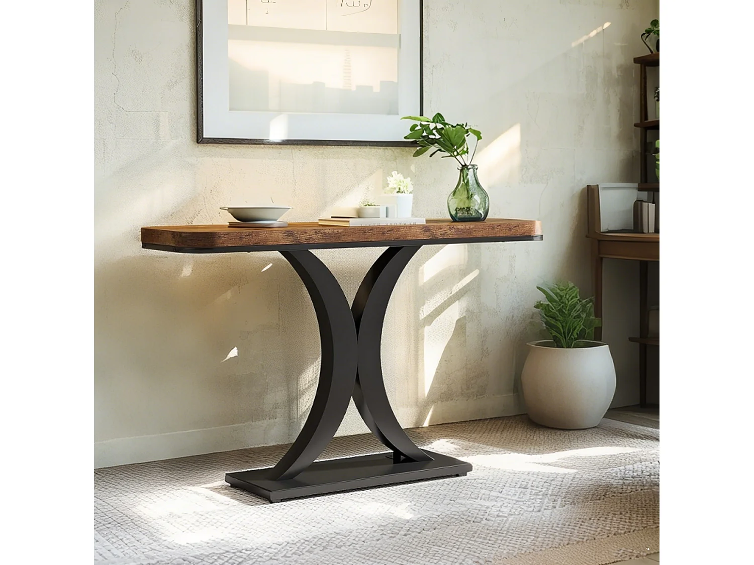 Table Console Industrielle, Table d'entrée étroite de 100 cm avec Base géométrique, Table d'appoint de Couloir Rustique pour Salon, entrée