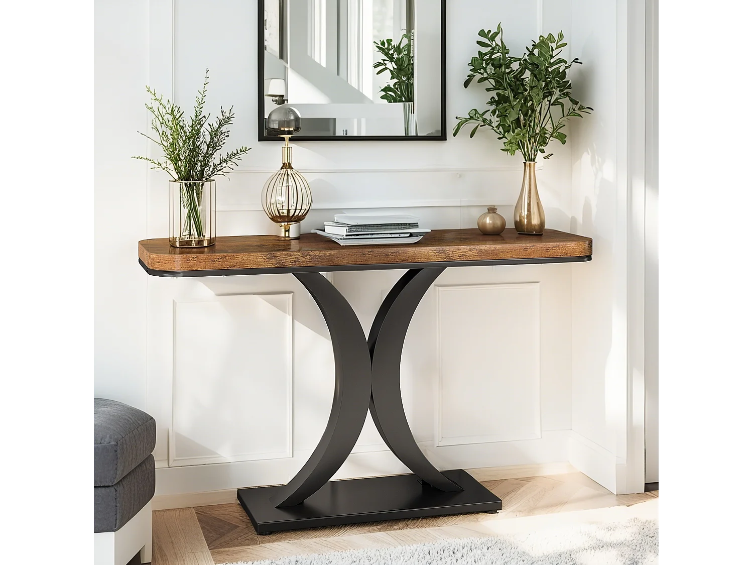 Table Console Industrielle, Table d'entrée étroite de 100 cm avec Base géométrique, Table d'appoint de Couloir Rustique pour Salon, entrée