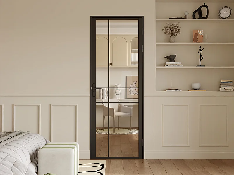 Bloc porte réversible avec design asymétrique en aluminium et verre trempé - H204 x L73 cm - Noir - SANIVA