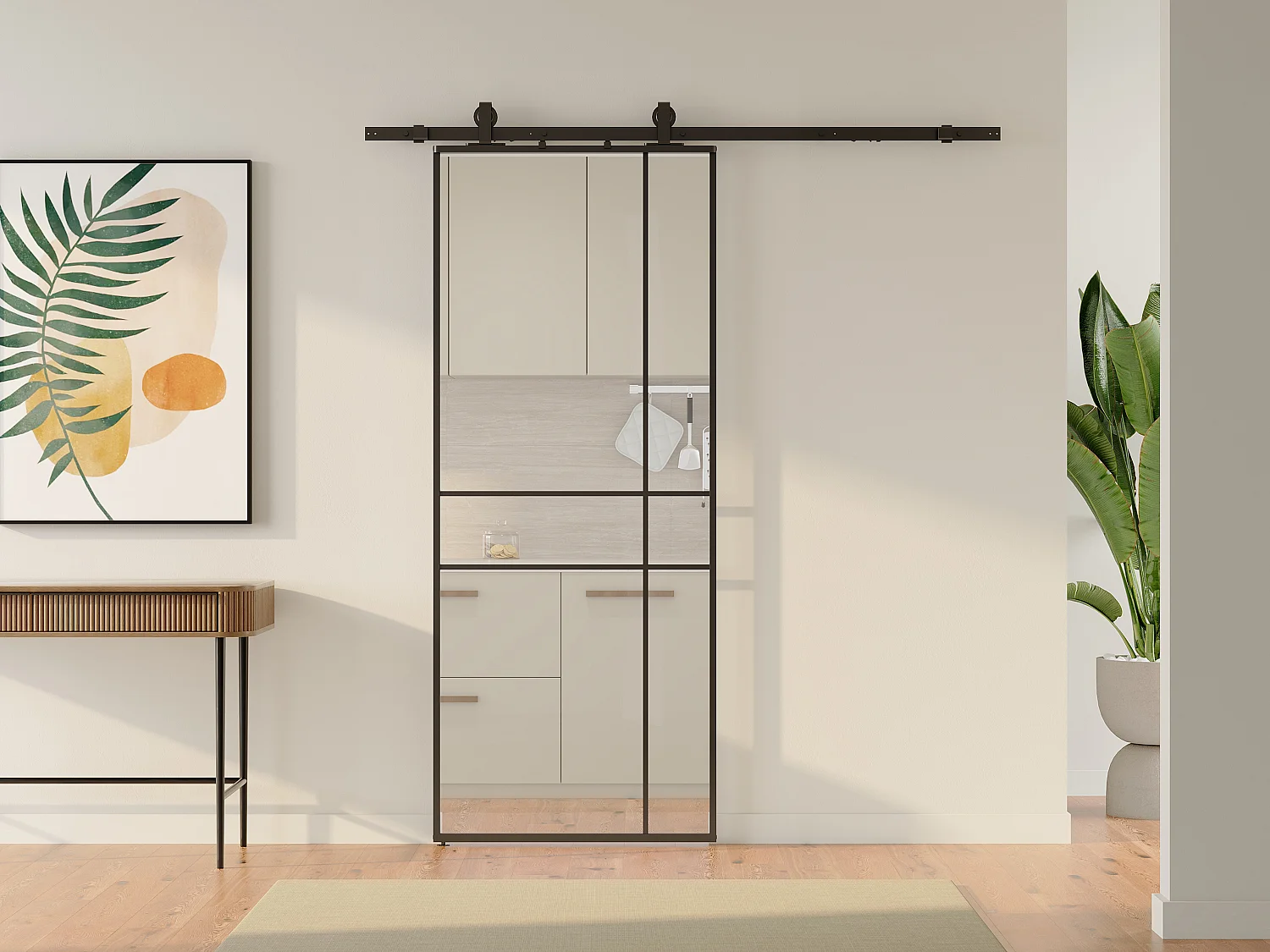 Porte coulissante avec système en applique et design asymétrique - aluminium et verre trempé - H204 x L83 cm - Noir - SANIVA