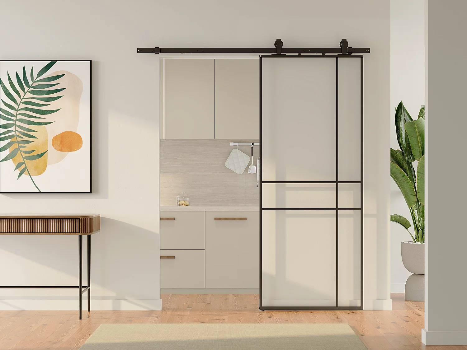 Porte coulissante avec système en applique et design asymétrique - aluminium et verre trempé - H204 x L83 cm - Noir - SANIVA