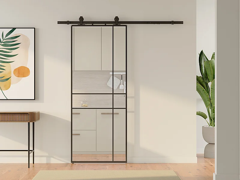 Porte coulissante avec système en applique et design asymétrique - aluminium et verre trempé - H204 x L83 cm - Noir - SANIVA