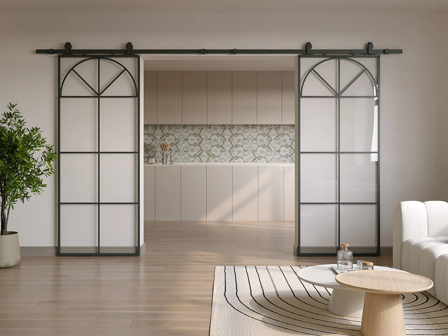 Porte coulissante double avec système en applique style art déco - aluminium et verre trempé - 2 x H204 x L83 cm - Noir - VIGELO