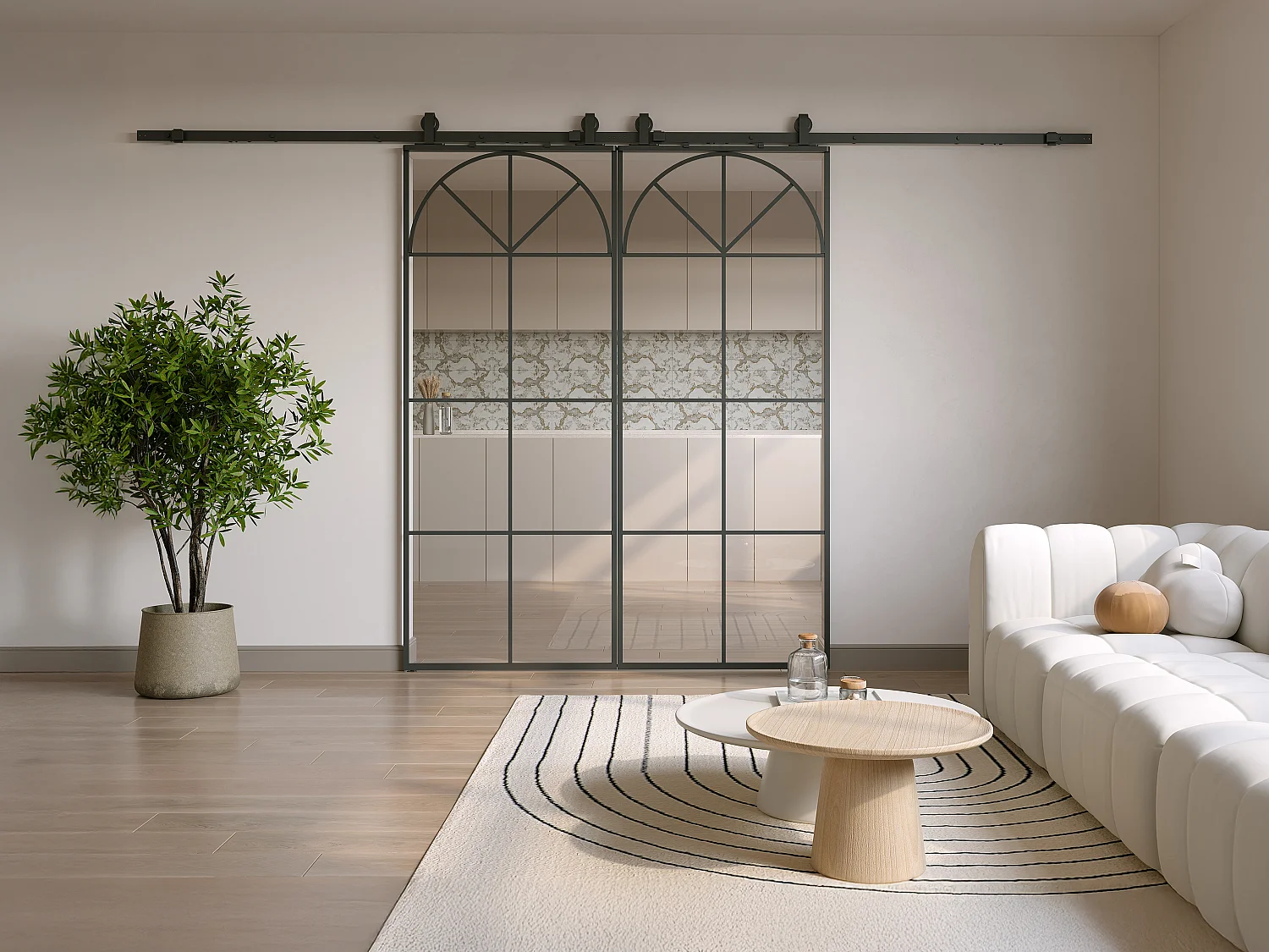 Porte coulissante double avec système en applique style art déco - aluminium et verre trempé - 2 x H204 x L83 cm - Noir - VIGELO