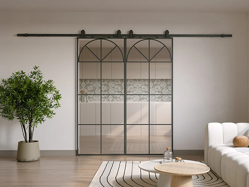 Porte coulissante double avec système en applique style art déco - aluminium et verre trempé - 2 x H204 x L83 cm - Noir - VIGELO