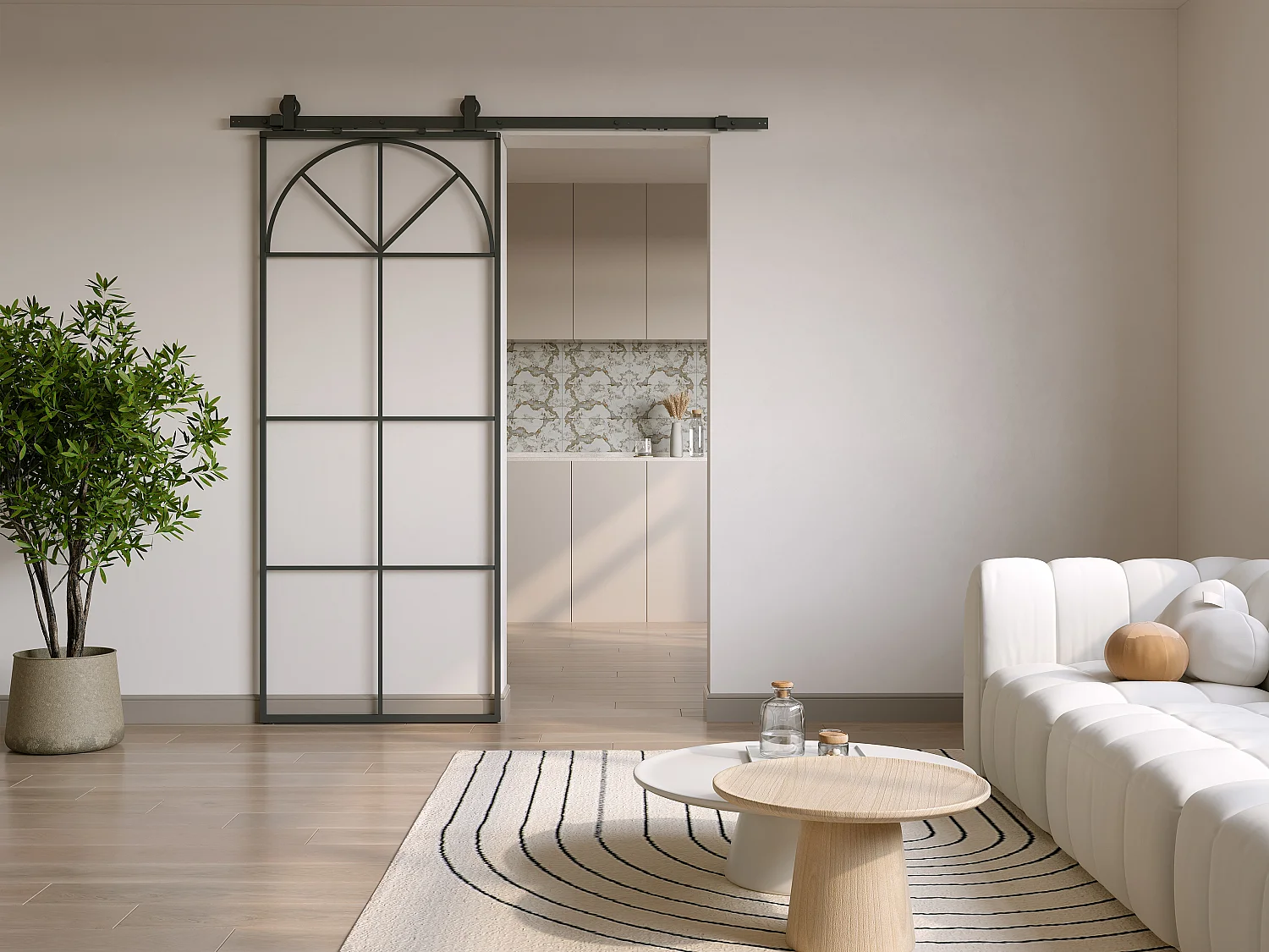 Porte coulissante avec système en applique style art déco - aluminium et verre trempé - H204 x L83 cm - Noir - VIGELO