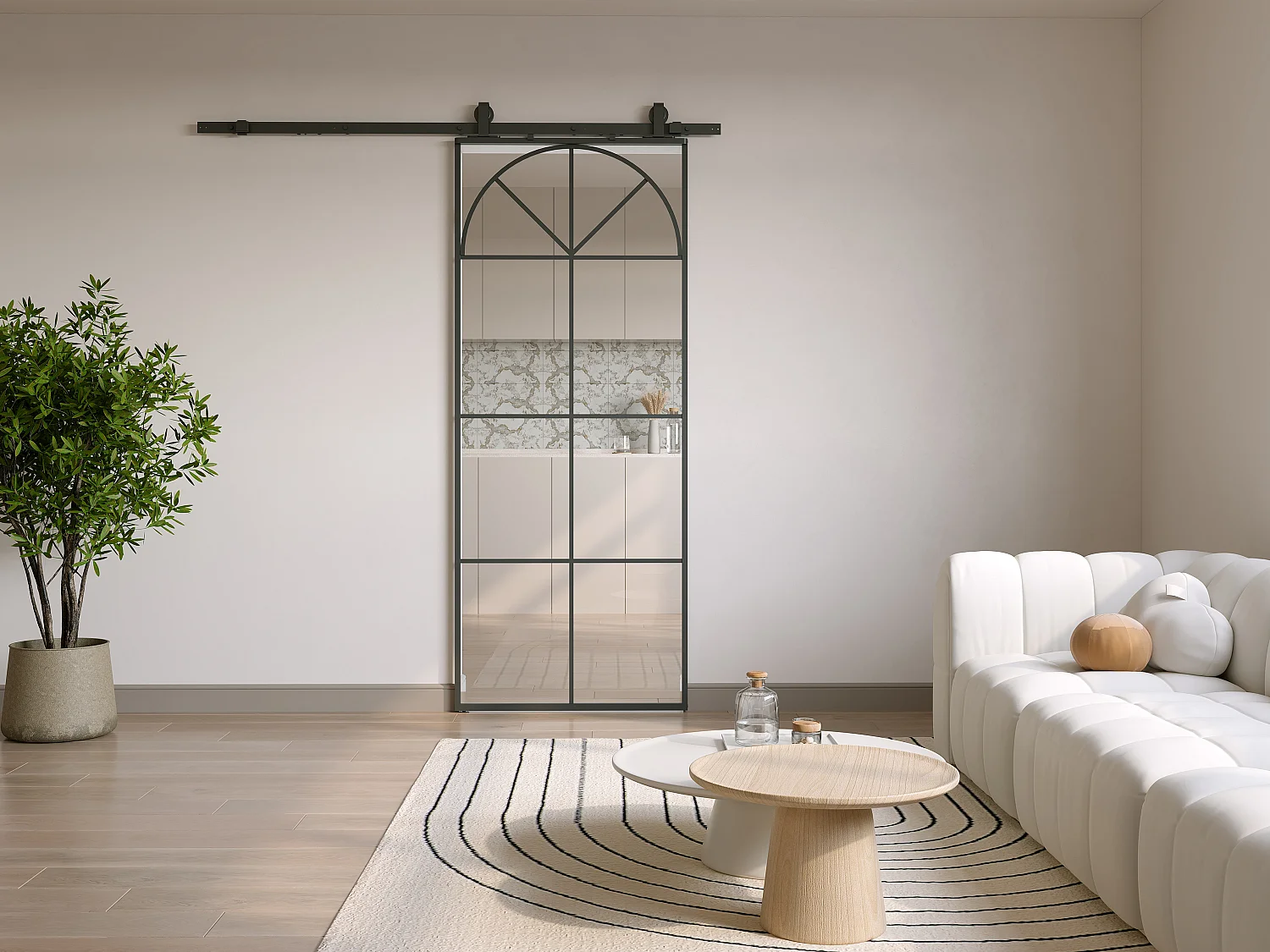 Porte coulissante avec système en applique style art déco - aluminium et verre trempé - H204 x L83 cm - Noir - VIGELO